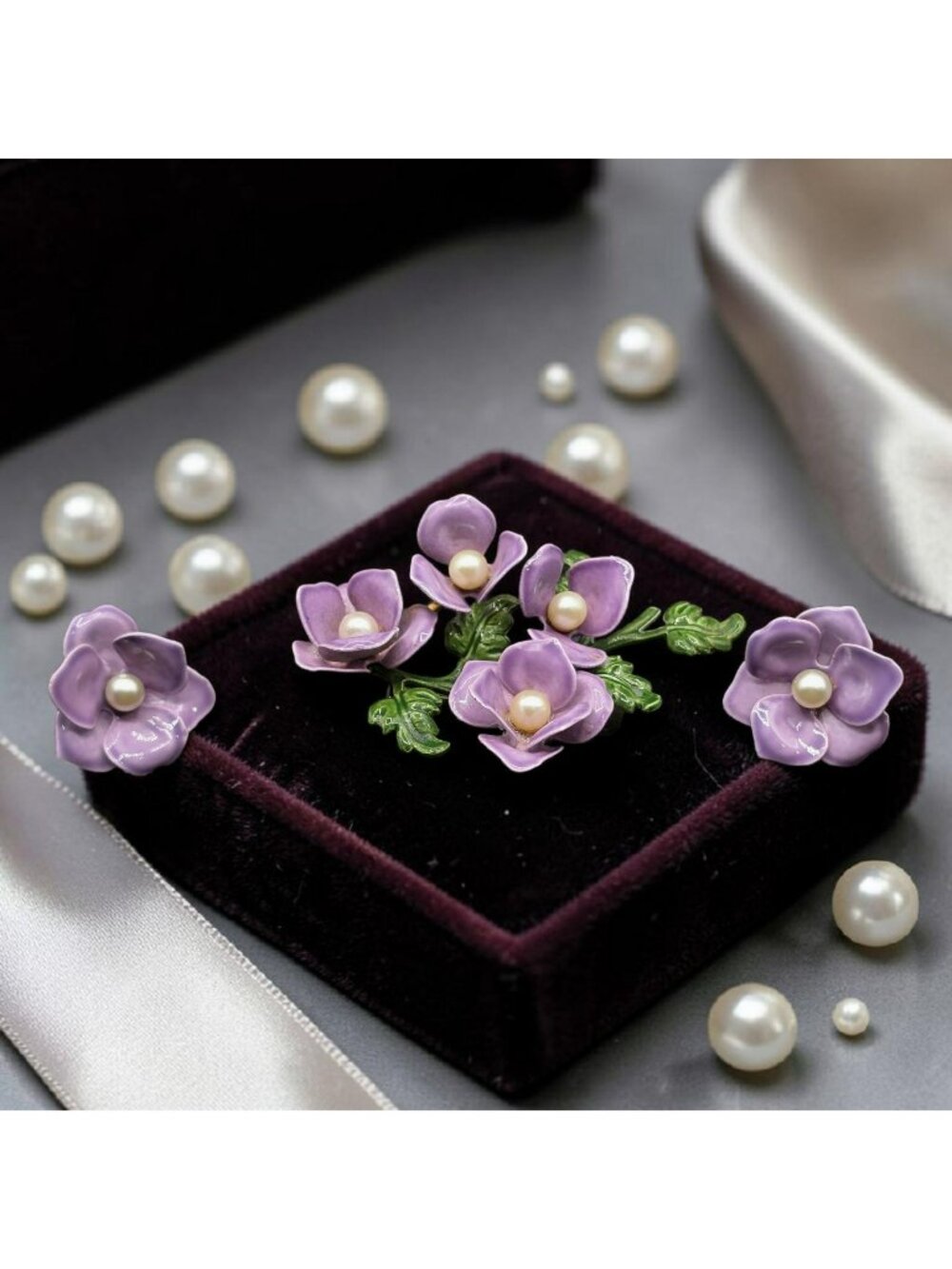 Lilac Enamel Floral Brooch Clip-On Earrings Set Faux Pearls Vintage Jewelry Set